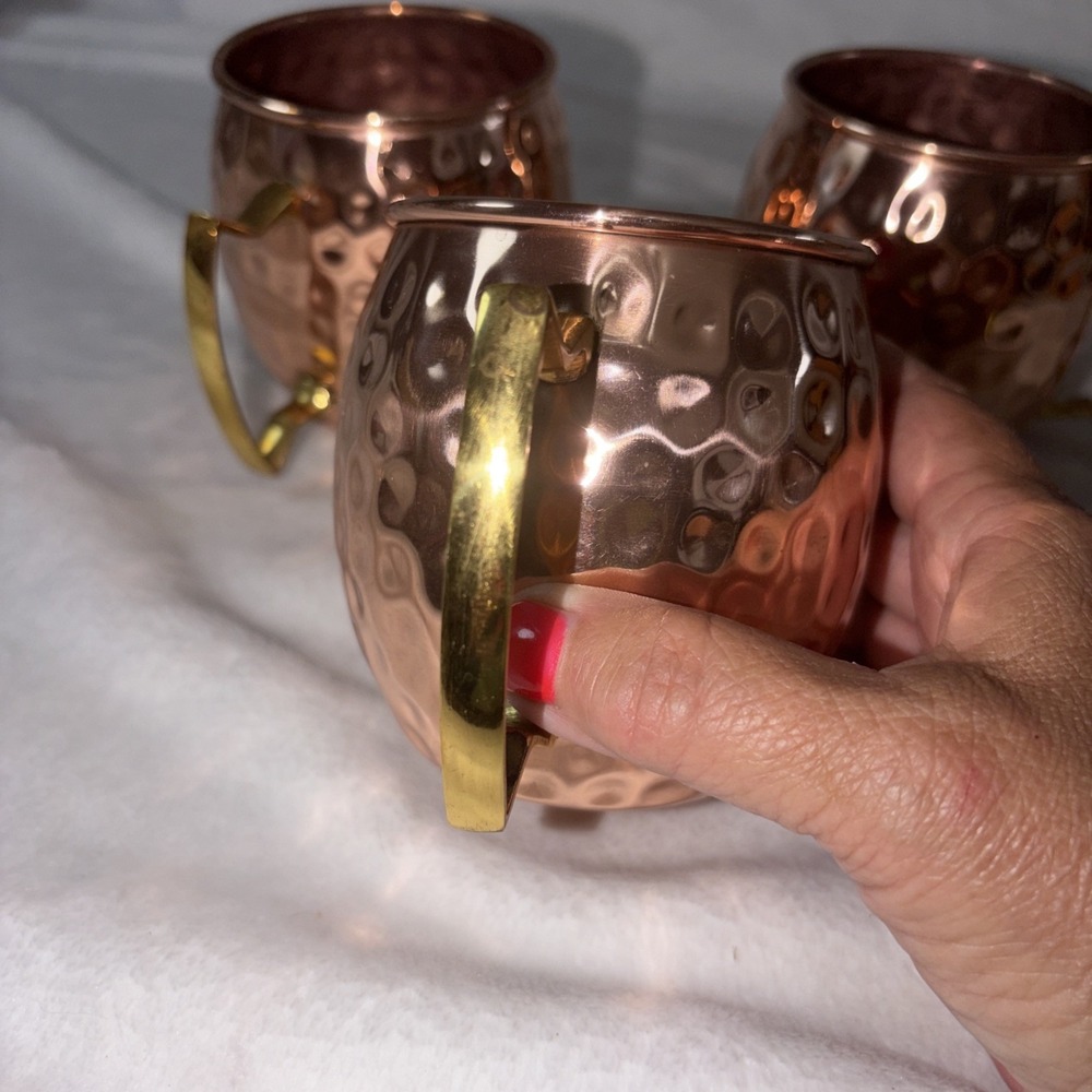 Solid Copper Classic Hammered Moscow Mule Cups Set of 4 Brass Handles Patina GUC - Picture 10 of 12